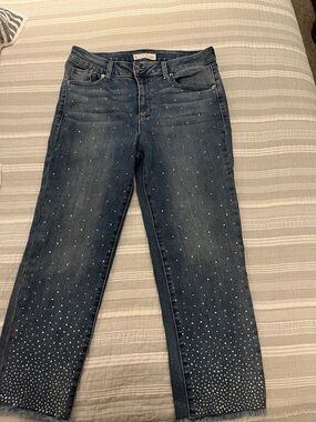 Boyfriend Jeans with White Crystal Embellishment - Dark Wash